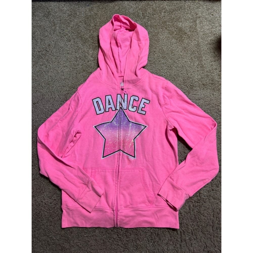 Justice Girls Pink Dance Zip Up Hoodie Glitter Ombre Star Sweatshirt Size 14 - Picture 2 of 5